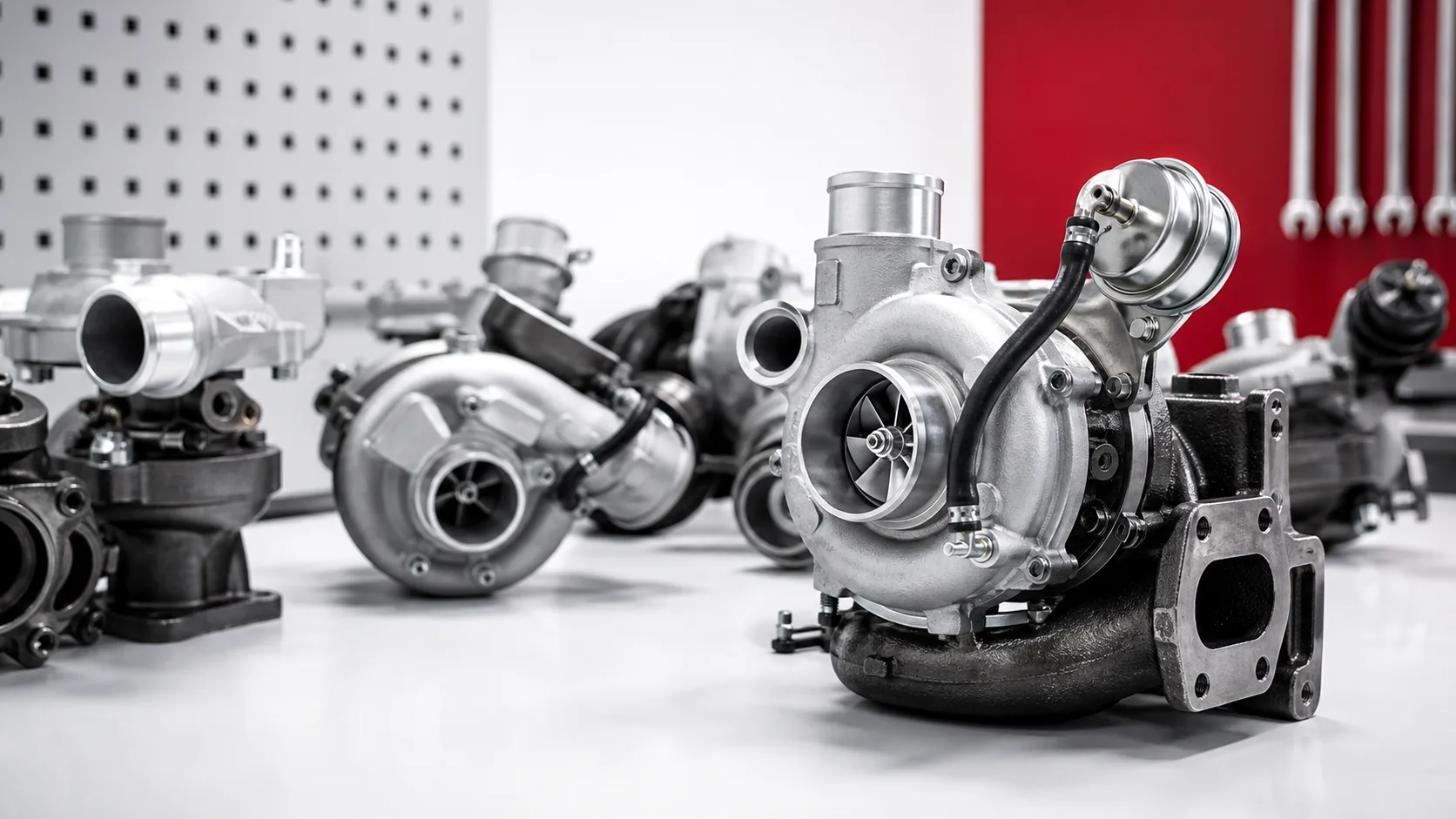 Techniczna kompozycja regenerowanych turbosprężarek na białym stole z czerwonym akcentem