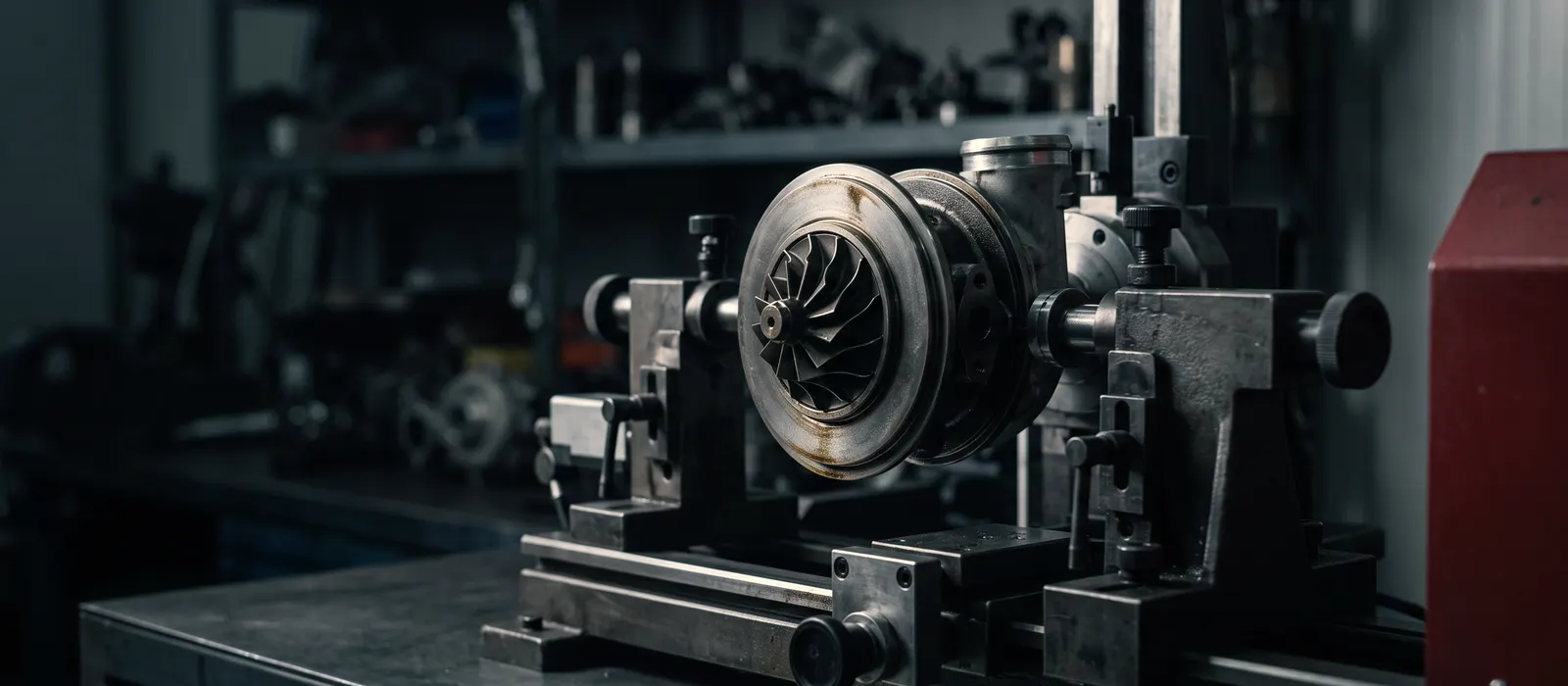 Rdzeń turbosprężarki zamocowany w maszynie do wyważania